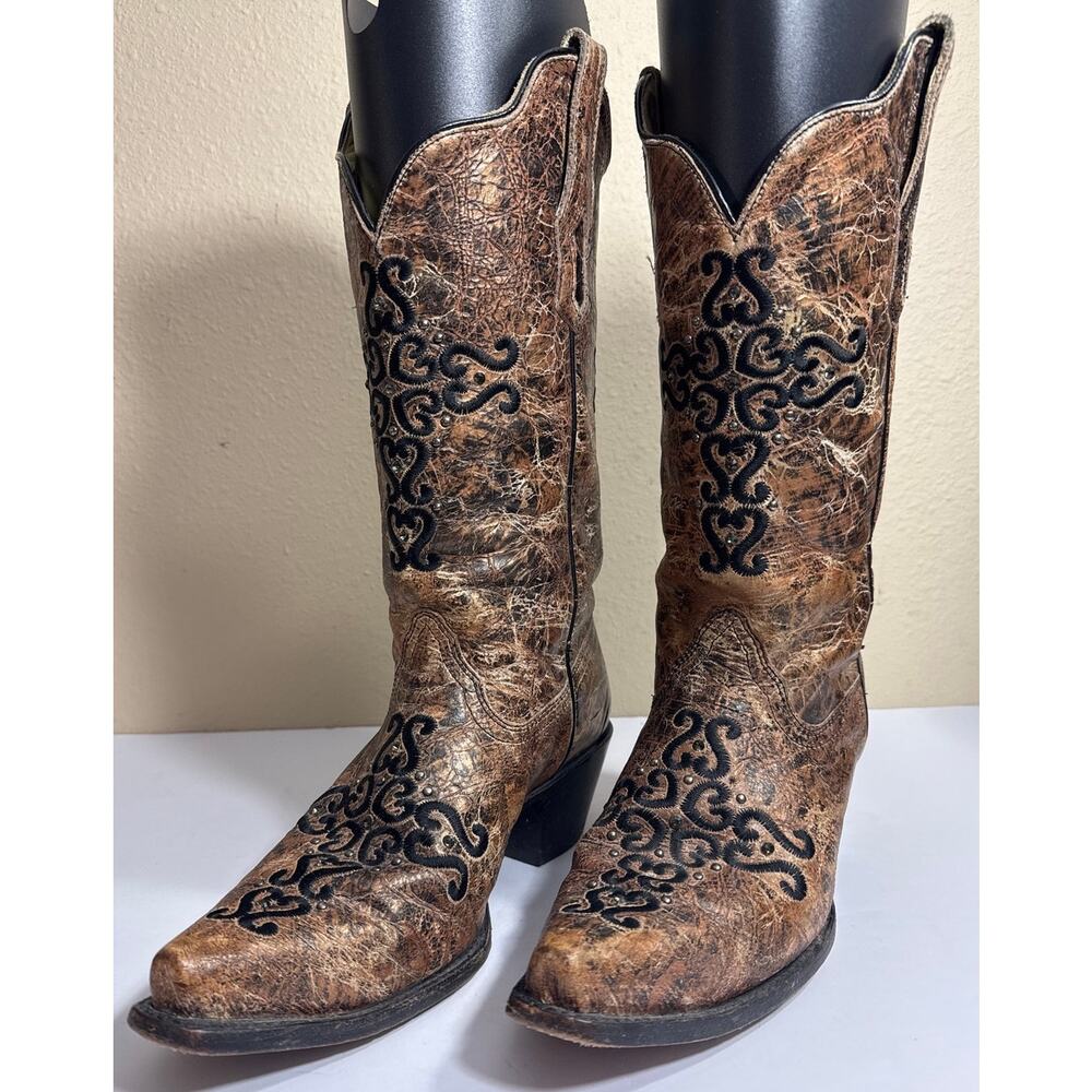 Corral Boots Women's Brown Cross Crackle Finish Snip Toe Western Boots - 9M